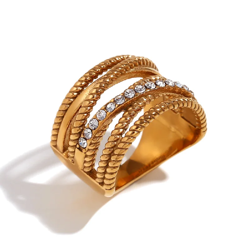 Multi-Layer Cross Rhinestone Twist Hollow Ring-Gold-No. 6