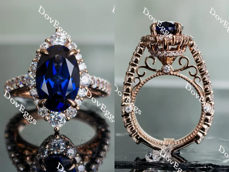 Diamond wedding ring for women-Doveggs floral halo elongated oval intense royal blue sapphire ring