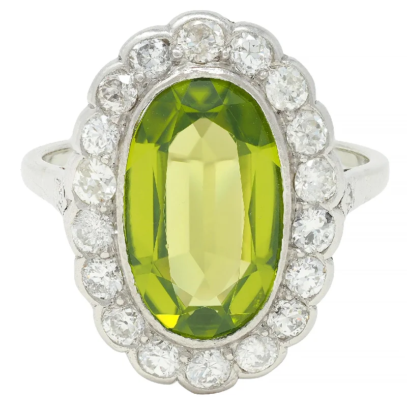 Wide band ring for women-Mid-Century 5.35 CTW Peridot Diamond Platinum 14K White Gold Vintage Halo Ring