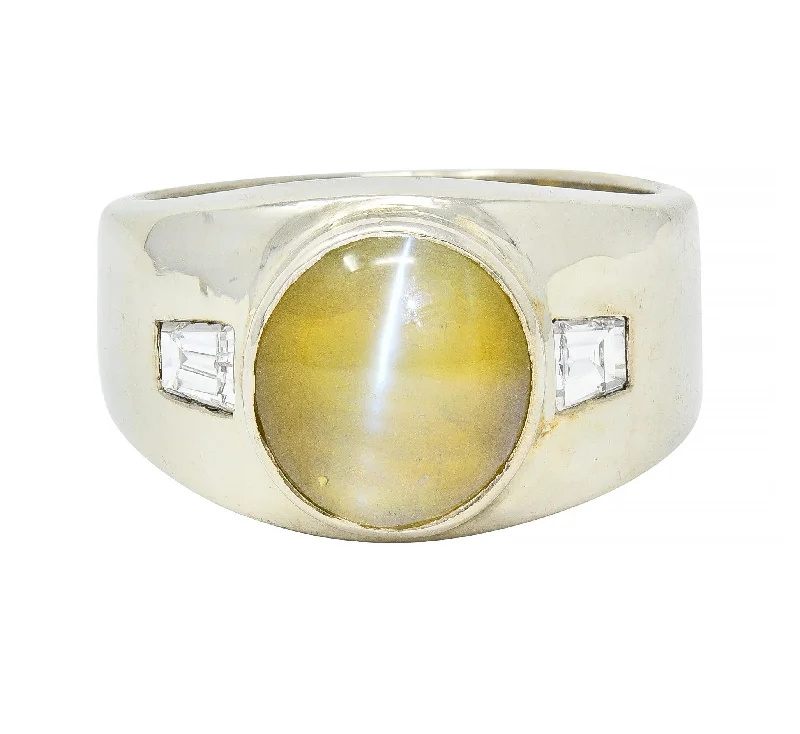 Double band ring for women-1960's Cat's Eye Chrysoberyl Diamond 14 Karat White Gold Three Stone Ring