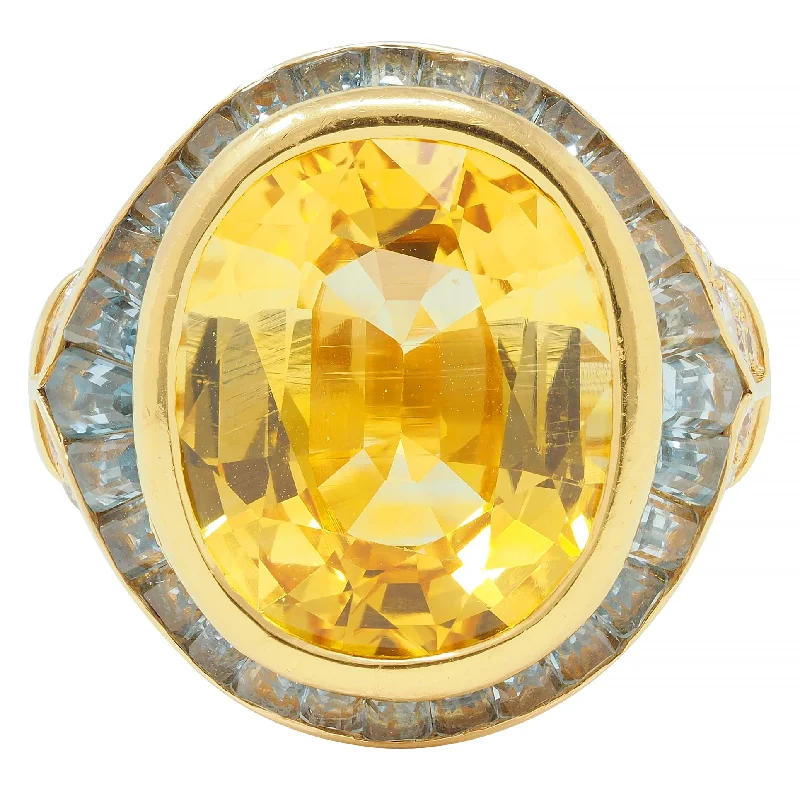 Adjustable ring for women-Bulgari Vintage 13.20 CTW Yellow Sapphire Aquamarine Diamond 18 Karat Gold Ballerina Halo Ring