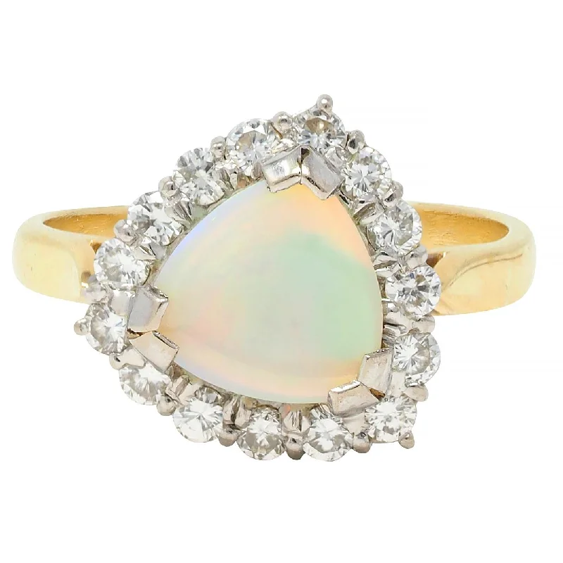 Custom-designed ring for women-1980s Opal Diamond 18 Karat Yellow White Gold Triangular Vintage Halo Ring