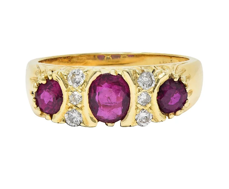 Unique ring for women-1980's 1.25 CTW Ruby Diamond 18 Karat Yellow Gold Vintage Band Ring