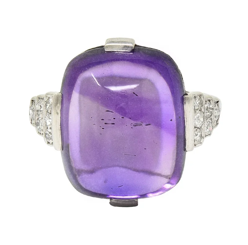 Designer ring for women-Art Deco Amethyst Cabochon Diamond Platinum Vintage Stepped Cocktail Ring