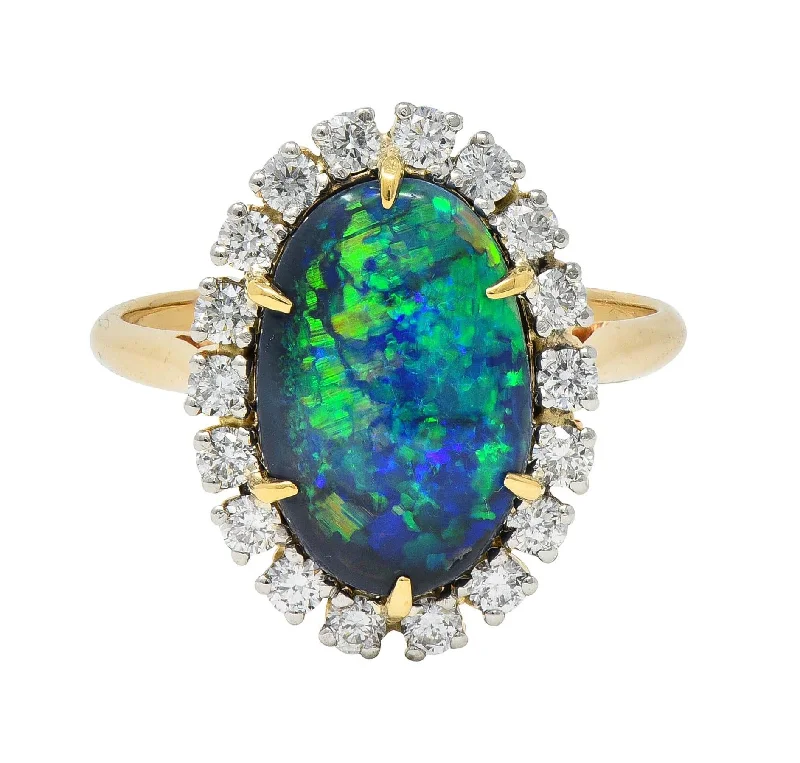 Emerald ring for women-Cartier 1960's Diamond Opal Platinum 18 Karat Gold Vintage Halo Ring