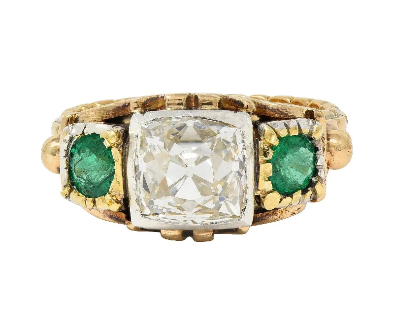 Classic wedding ring for women-Early Victorian 3.92 CTW Peruzzi Cut Diamond Emerald 18 Karat Gold Silver Antique Ring