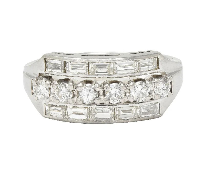 Promise ring for women-Mid-Century 1.16 CTW Diamond Platinum Three Row Vintage Stack Band Ring