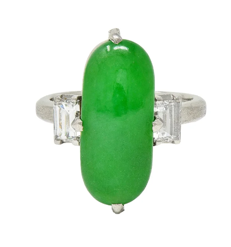 Platinum ring for women-Mid-Century Natural Fei Cui Jadeite Jade Diamond Platinum Vintage Ring GIA