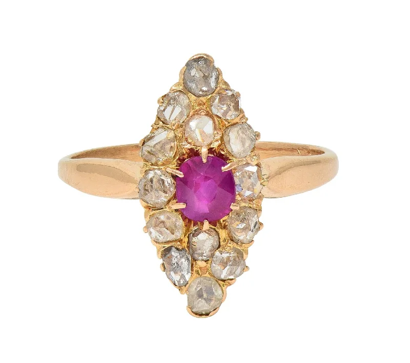 Handmade ring for women-Victorian 1.20 CTW Ruby Diamond 18K Yellow Gold Antique Navette Cluster Ring