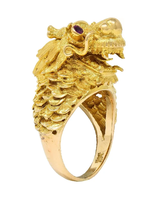 Handmade ring for women-Contemporary Ruby 14 Karat Yellow Gold Dragon Statement Ring