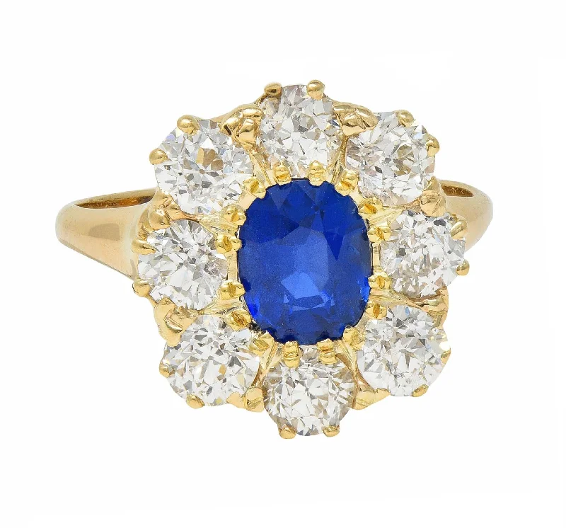 Matching wedding rings for women-Victorian 3.20 CTW No Heat Burma Sapphire Diamond 14 Karat Yellow Gold Antique Halo Ring GIA