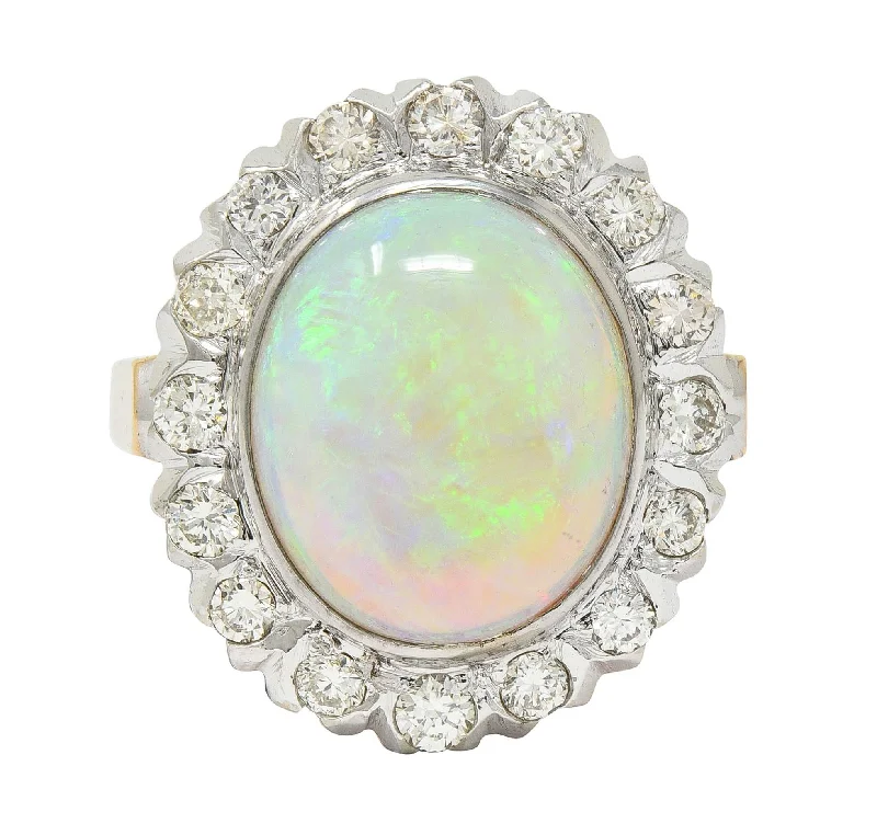 Ruby ring for women-1940's Opal Diamond 14 Karat Two-Tone Gold Vintage Halo Ring