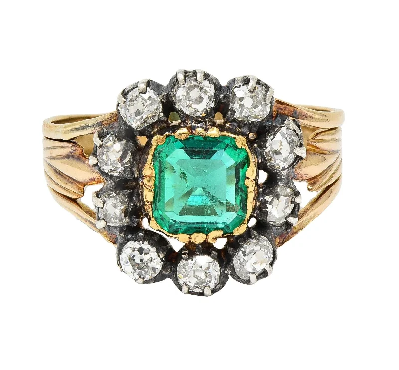 Custom-designed ring for women-Victorian 1.87 CTW Emerald Diamond Silver 14 Karat Yellow Gold Antique Halo Ring GIA