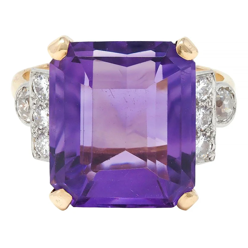 Stylish fashion ring for women-Retro 10.22 CTW Amethyst Diamond Platinum 14 Karat Yellow Gold Vintage Cocktail Ring