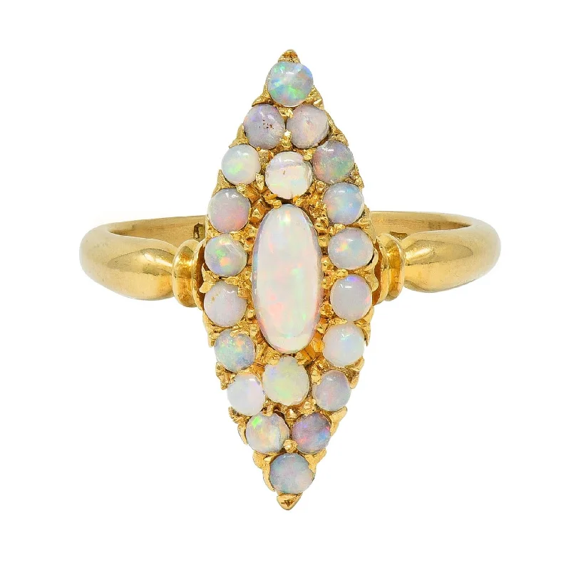 Retro silver ring for women-Victorian 1897 Opal Cabochon 18 Karat Yellow Gold Antique Navette Cluster Ring