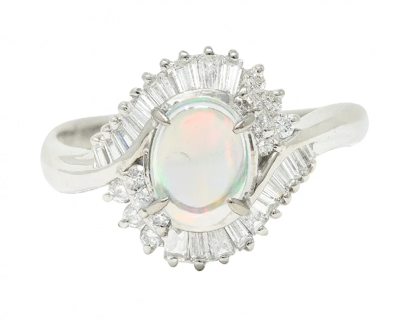 Fancy ring for women-Contemporary Diamond Jelly Opal Platinum Swirl Bypass Cluster Ring