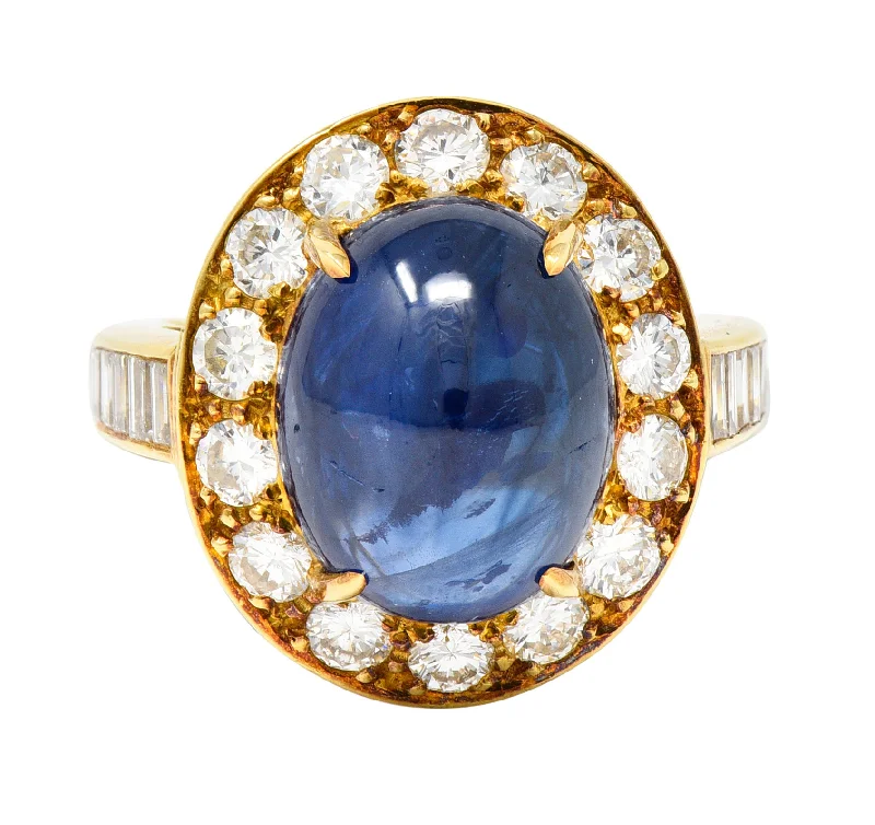 Gold-plated ring for women-Van Cleef & Arpels 1980's 9.86 CTW Sapphire Cabochon Diamond 18 Karat Yellow Gold Vintage Halo Ring