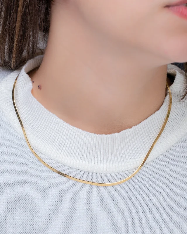 Black ring for women-Herringbone Flat Snake Chain Gold Plated Necklace