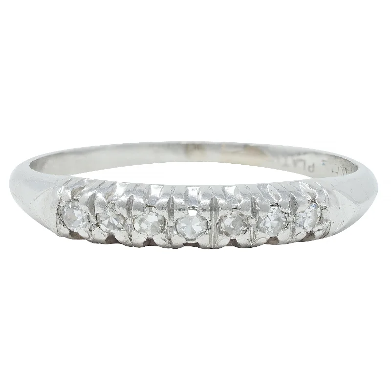 Cluster ring for women-Mid-Century Single Cut Diamond Platinum Seven Stone Vintage Wedding Band Ring