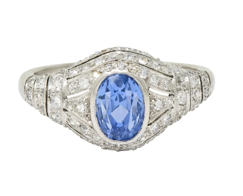 Pear-shaped ring for women-Art Deco 3.00 CTW No Heat Ceylon Blue Sapphire Diamond Platinum Bombé Vintage Ring GIA