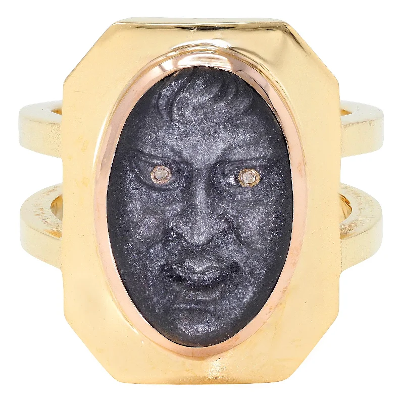 Retro ring for women-Vintage Diamond Carved Black Labradorite 18 Karat Two-Tone Gold Face Ring