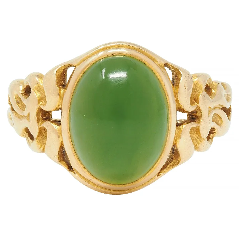 Gold ring for women-Art Nouveau Nephrite Jade 14 Karat Yellow Gold Antique Unisex Signet Ring