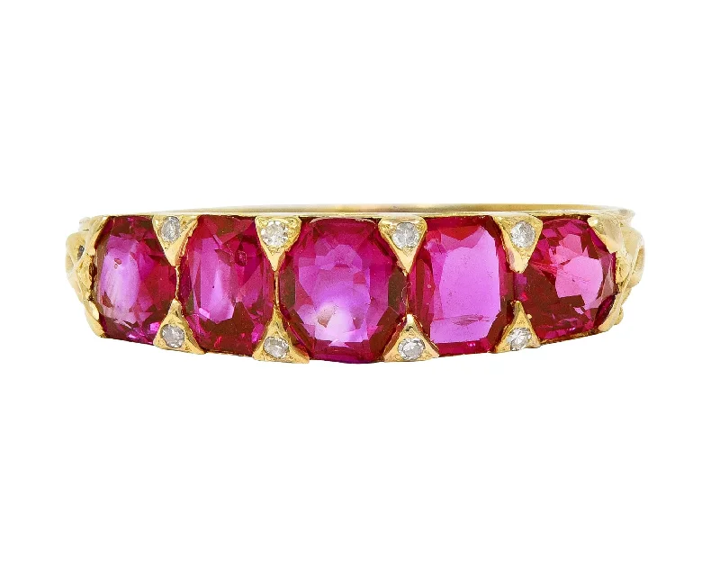 Oval ring for women-Art Nouveau 1.67 CTW Ruby Diamond 18 Karat Yellow Gold Foliate Five Stone Antique Band Ring