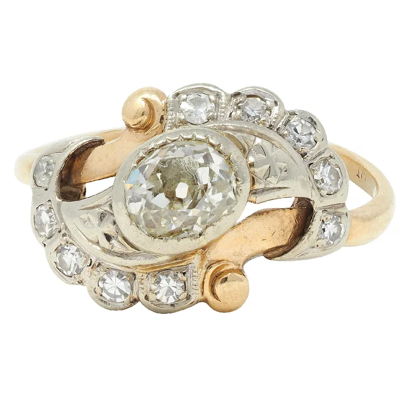 Geometric ring for women-Early Art Deco 0.75 CTW Old Mine Cut Diamond 14 Karat Two-Tone Gold Vintage Bypass Ring