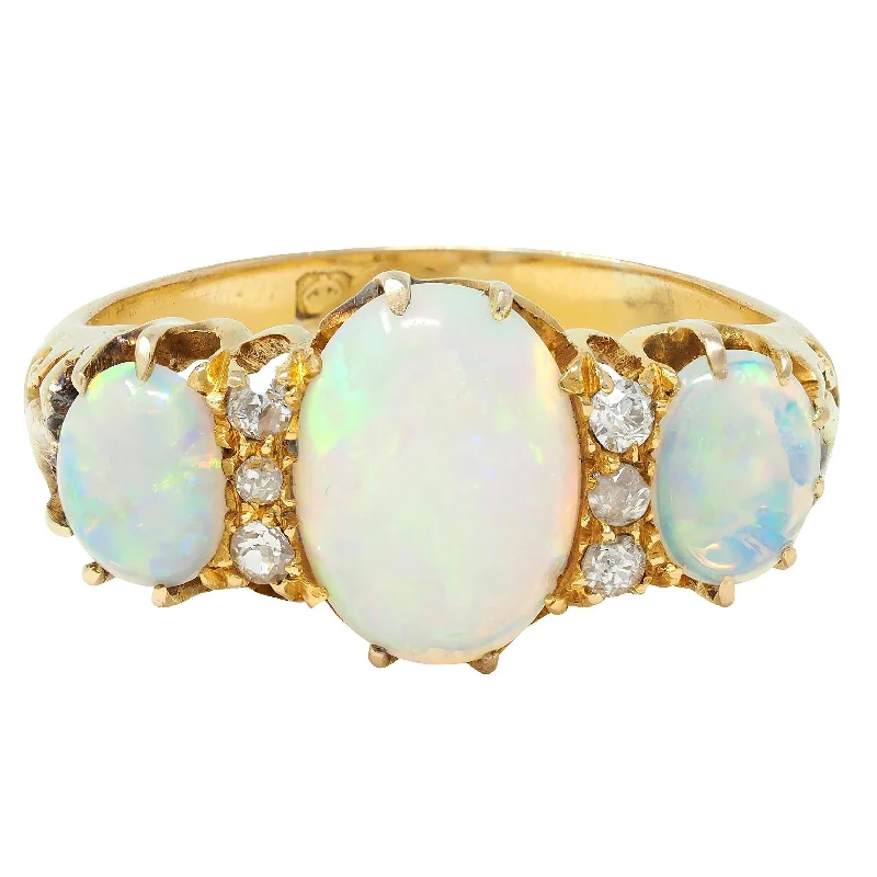 Trendy ring for women-Victorian Opal Diamond 18 Karat Yellow Gold Antique Scroll Band Ring