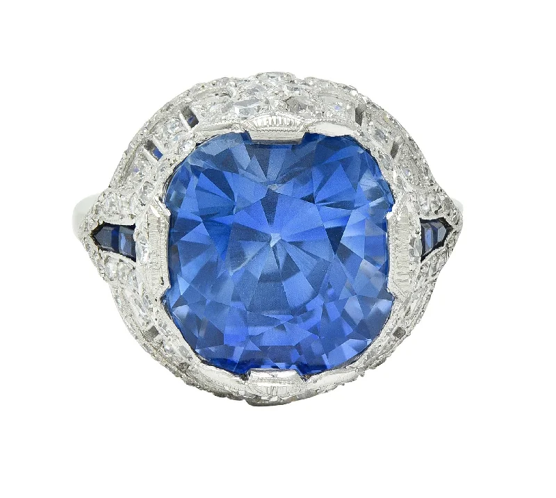 Fashionable ring for women-Art Deco 12.12 CTW No Heat Ceylon Sapphire Diamond Lotus Vintage Cocktail Ring AGL