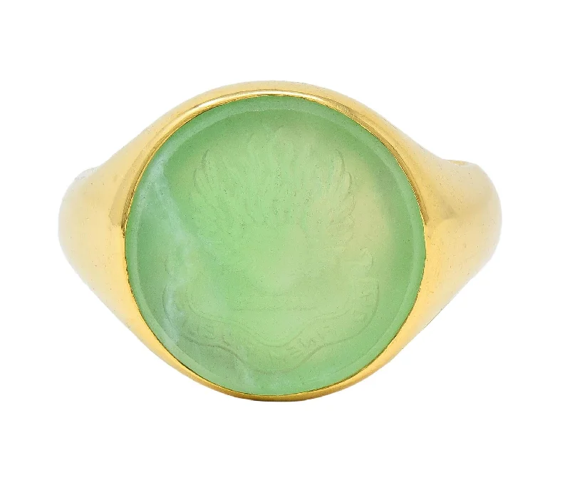 Personalized name ring for women-Victorian 1860 Green Chalcedony 18 Karat Yellow Gold Antique Unisex Heraldry Intaglio Signet Ring