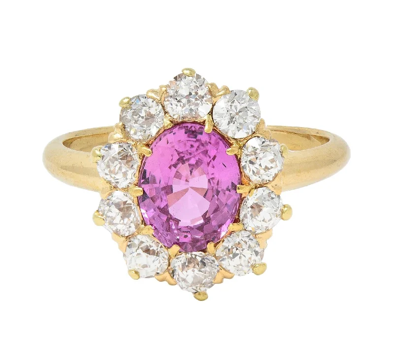 Black ring for women-Vintage 2.46 CTW No Heat Pink Sapphire Diamond 14 Karat Yellow Gold Halo Ring GIA