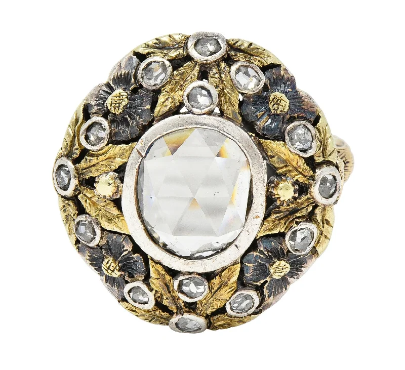 Custom ring for women-Arts & Crafts 1.26 CTW Rose Cut Diamond Silver-Topped 14 Karat Gold Floral Ring