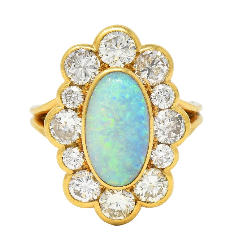 Solitaire ring for women-1970's 4.50 CTW Opal Diamond 18 Karat Yellow Gold Vintage Cluster Ring