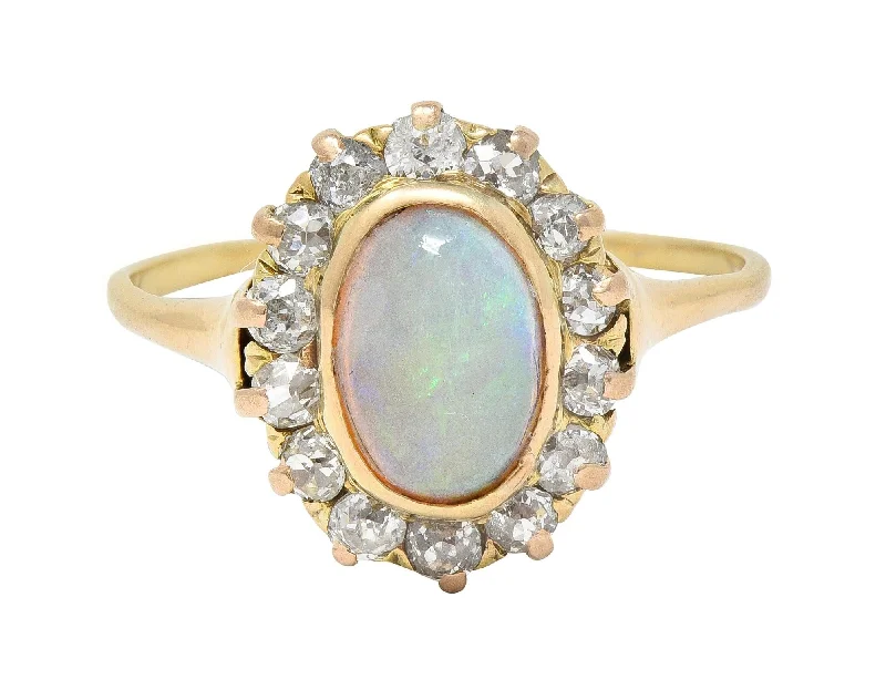 Adjustable fashion ring for women-Victorian 0.86 CTW Opal Cabochon Diamond 14 Karat Yellow Gold Antique Halo Ring