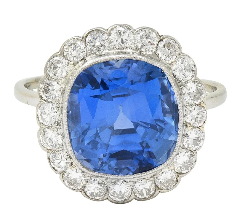 Double band ring for women-Art Deco 9.87 CTW No Heat Ceylon Sapphire Diamond Platinum Vintage Halo Ring AGL