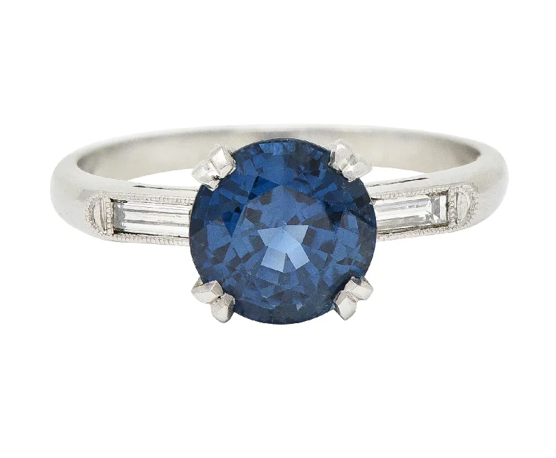 Simple silver ring for women-Mid Century 2.96 CTW No Heat Sapphire Diamond Platinum Three Stone Ring GIA