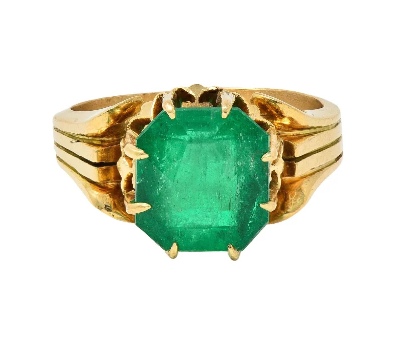 Silver-plated ring for women-Victorian 3.60 CTW Colombian Emerald 14 Karat Yellow Gold Antique Crown Solitaire Ring GIA