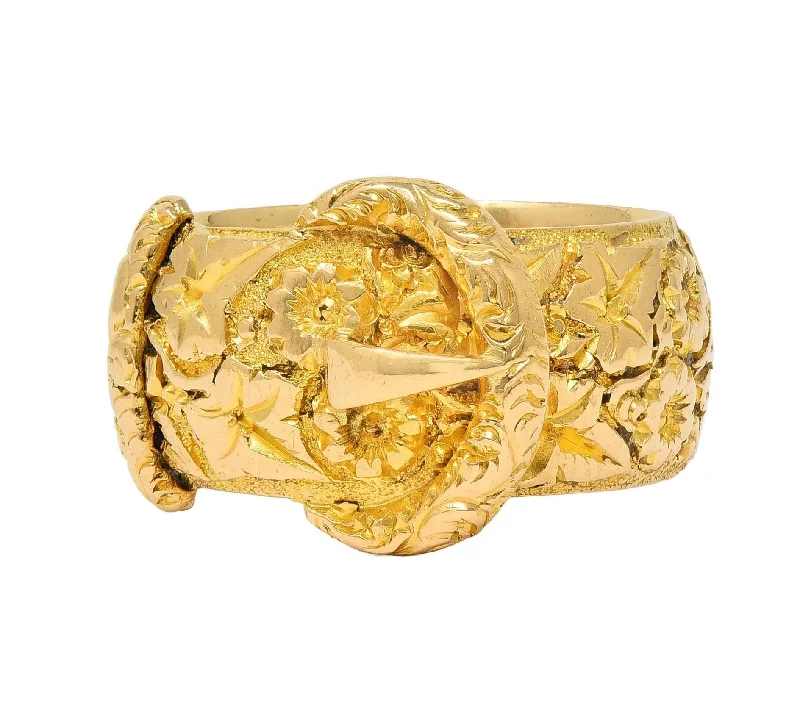 Rose gold ring for women-Edwardian 1908 18 Karat Yellow Gold Antique Floral Buckle Band Ring