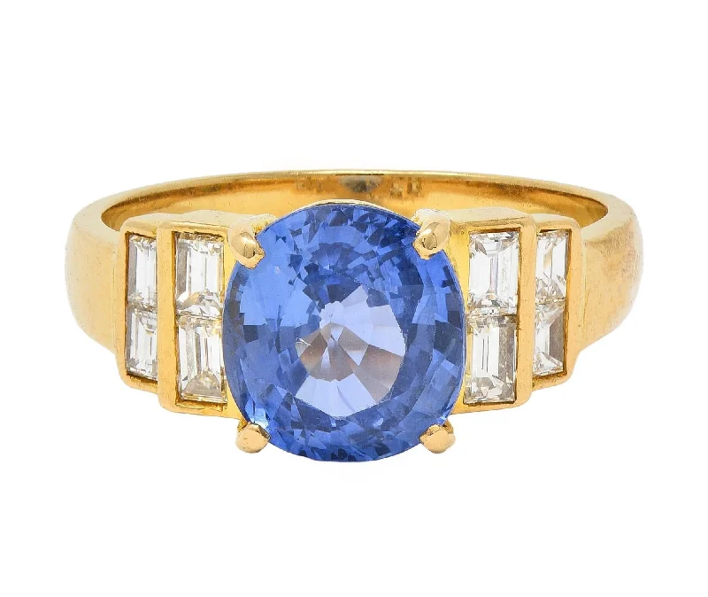 Thin band ring for women-1980 4.07 CTW Ceylon Sapphire Diamond 18 Karat Yellow Gold Vintage Stepped Ring