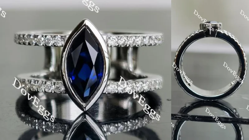 Big ring for women-Doveggs marquise two pave setting blue sapphire colored gem ring