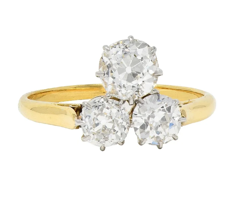 Minimal design ring for women-Edwardian 2.55 CTW Old Mine Diamond Platinum 18 Karat Yellow Gold Antique Three Stone Ring