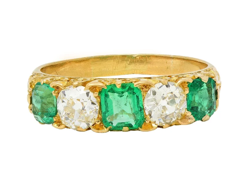 Antique ring for women-Victorian Emerald Diamond 18 Karat Yellow Gold Scrolling Five Stone Antique Band Ring