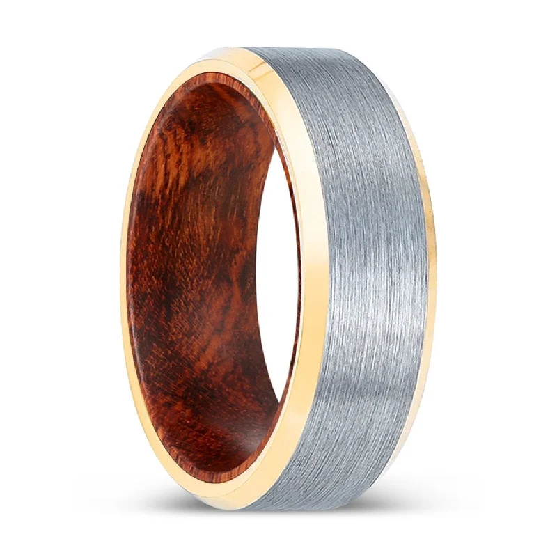 Stackable ring for women-ELMTOOTH | Snake Wood, Brushed, Silver Tungsten Ring, Gold Beveled Edges