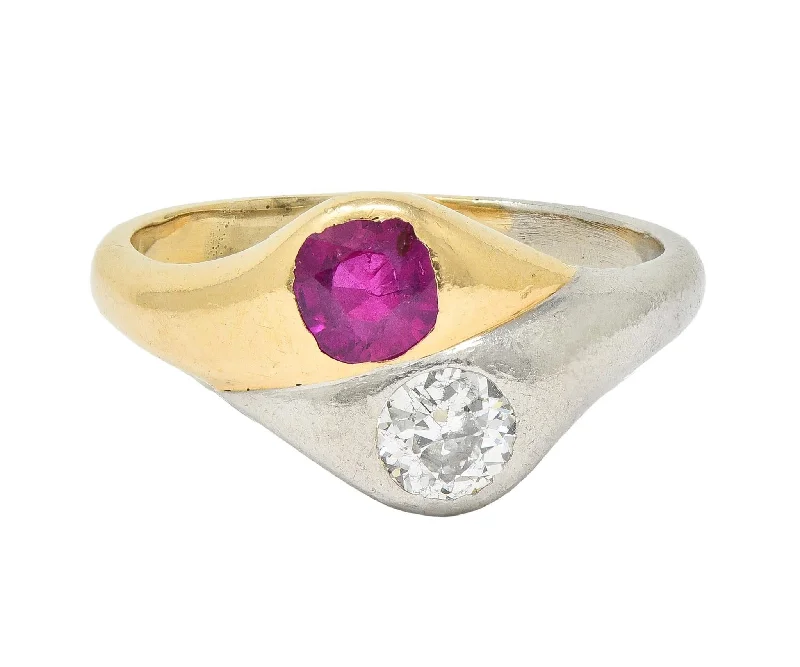 Chunky ring for women-1960's 1.03 CTW Ruby Diamond Platinum 14 Karat Yellow Gold Vintage Toi-Et-Moi Ring