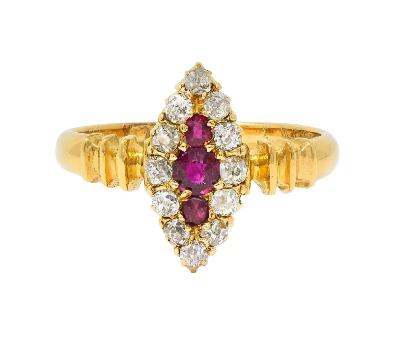 Solitaire diamond ring for women-Victorian 0.62 CTW Ruby Diamond 18 Karat Yellow Gold Antique Navette Ring