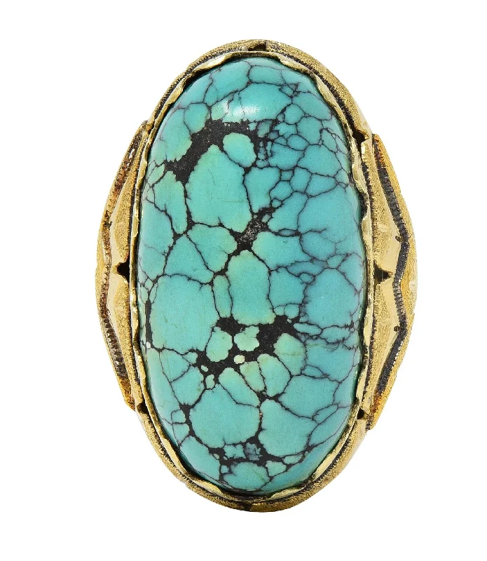 Diamond wedding ring for women-Retro Turquoise Cabochon 14 Karat Yellow Gold Vintage Statement Ring