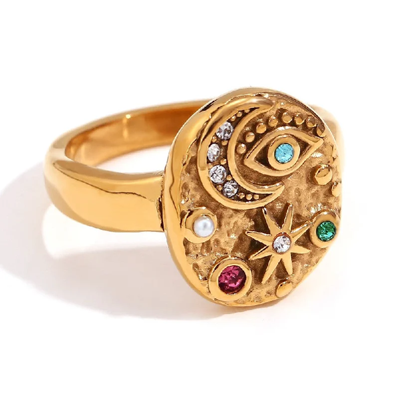 Colorful Crystals Eye Star Moon Beating Pattern Ring-Gold