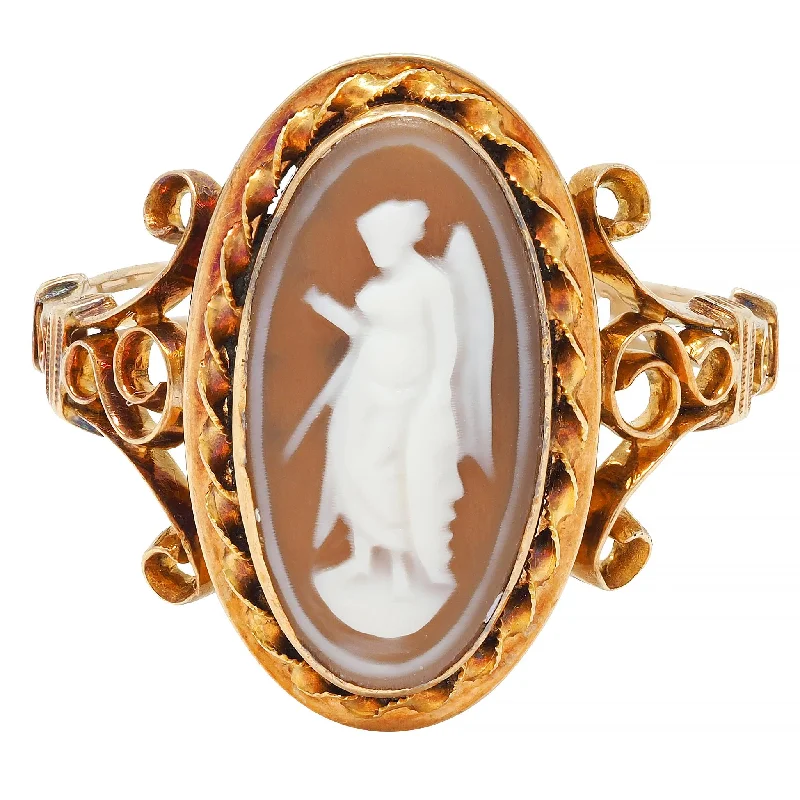 Matching wedding rings for women-Victorian Carved Agate 14 Karat Yellow Gold Greek Godess Nike Antique Cameo Antique Ring