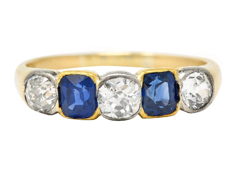 Oval ring for women-Victorian 1.63 CTW Old Mine Cut Diamond Sapphire Platinum 14 Karat Yellow Gold Five Stone Antique Band Ring